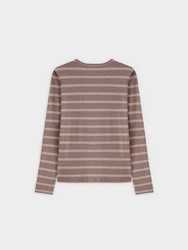 Thin Stripe High V Tee-Heathered Tan/Pink