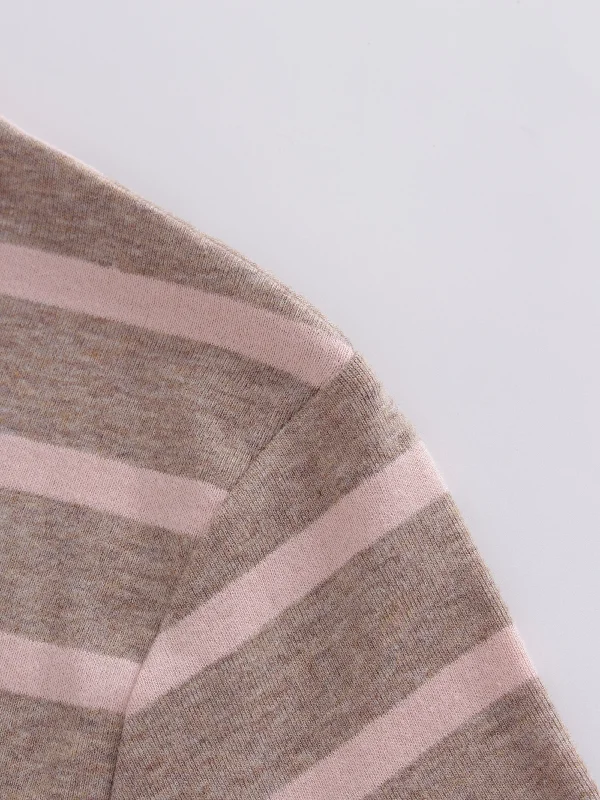 Thin Stripe High V Tee-Heathered Tan/Pink