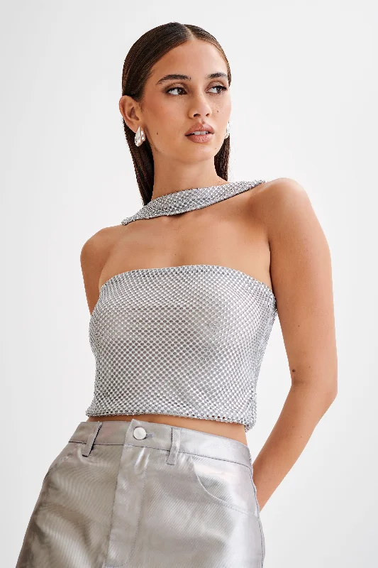 Agnes Diamante Mesh Halter Top - Silver