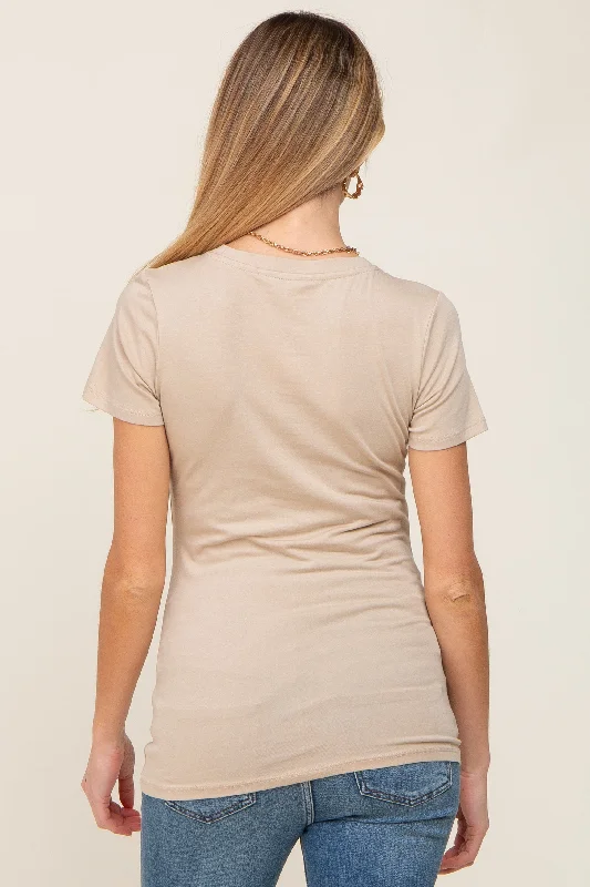 Beige Basic V-Neck Maternity Tee