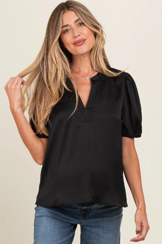 Black V-Neck Puff Sleeve Maternity Blouse