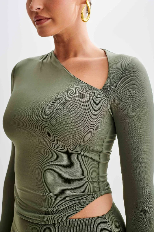 Bruna Slinky Long Sleeve Top with Cut Out - Military Olive