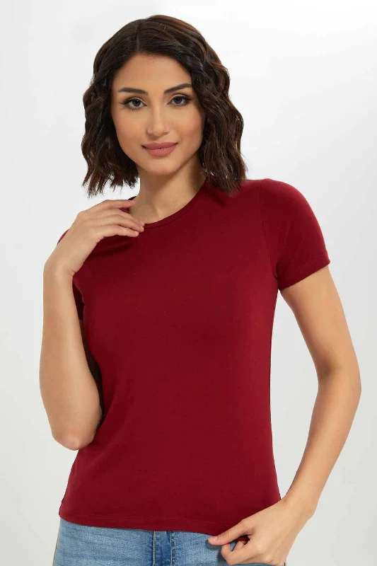 Women Burgundy Short Sleeved T-Shirt