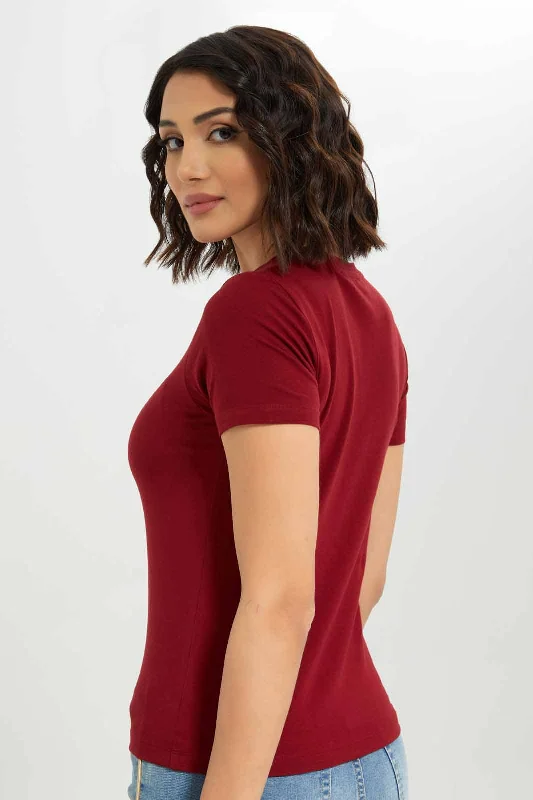 Women Burgundy Short Sleeved T-Shirt