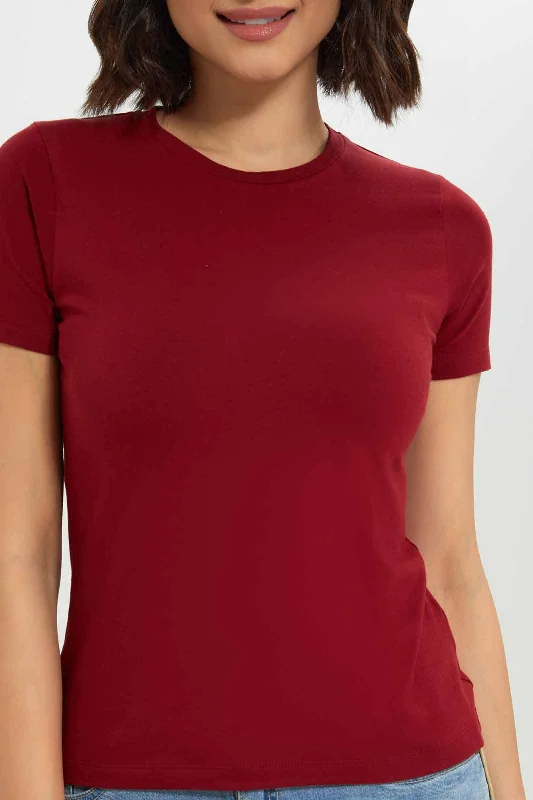 Women Burgundy Short Sleeved T-Shirt