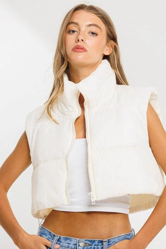 Crop Puffy Drawstring Vest in Blue or White