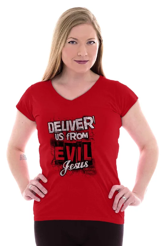 Deliver us from Evil Junior Fit V-Neck T-Shirt