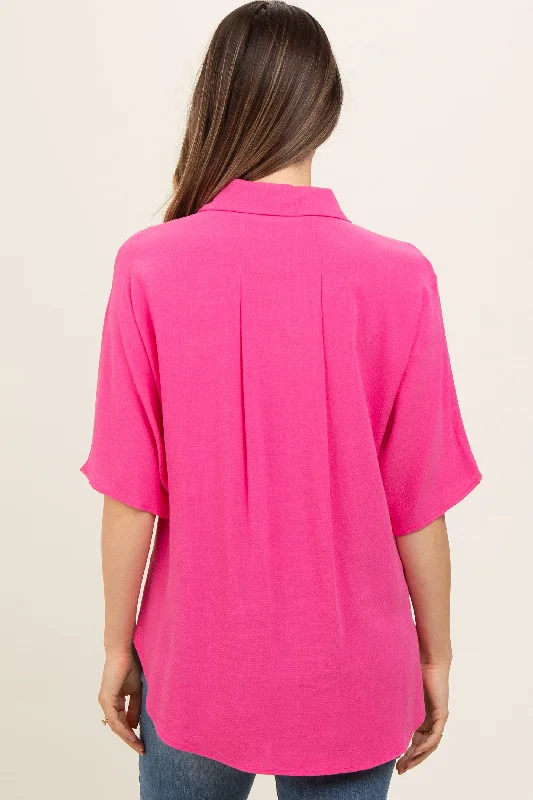 Fuchsia Linen Dolman Half Sleeve Button Down Maternity Top