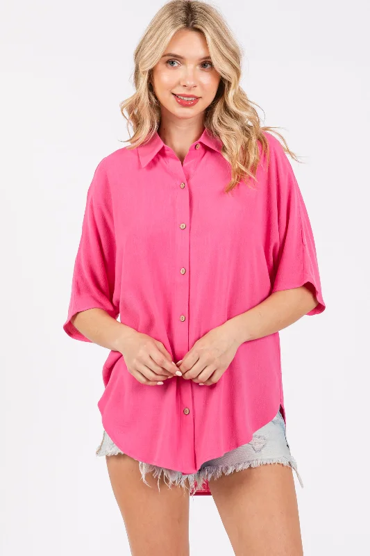 Fuchsia Linen Dolman Half Sleeve Button Down Maternity Top