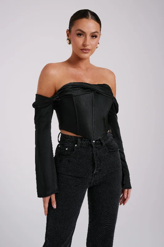 Giselle Satin Off Shoulder Top - Black