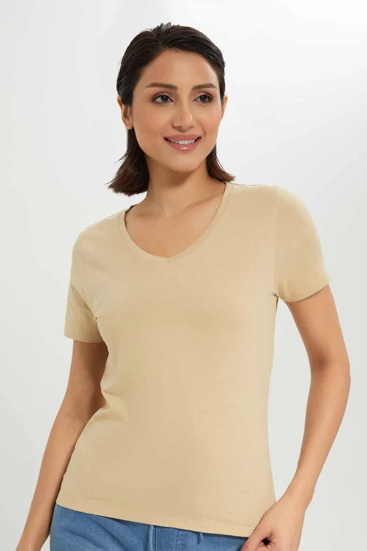 Women Cream V- Neck T-Shirt