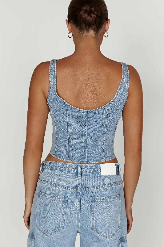 Leilani Corset Denim Top - Mid Blue