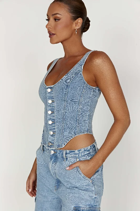 Leilani Corset Denim Top - Mid Blue