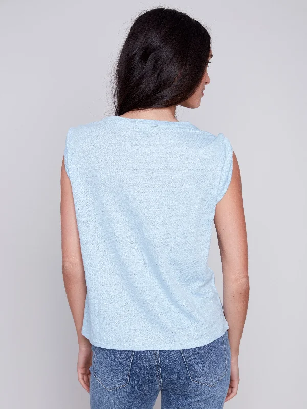 Linen Tank Top with Sleeve Detail - Sky