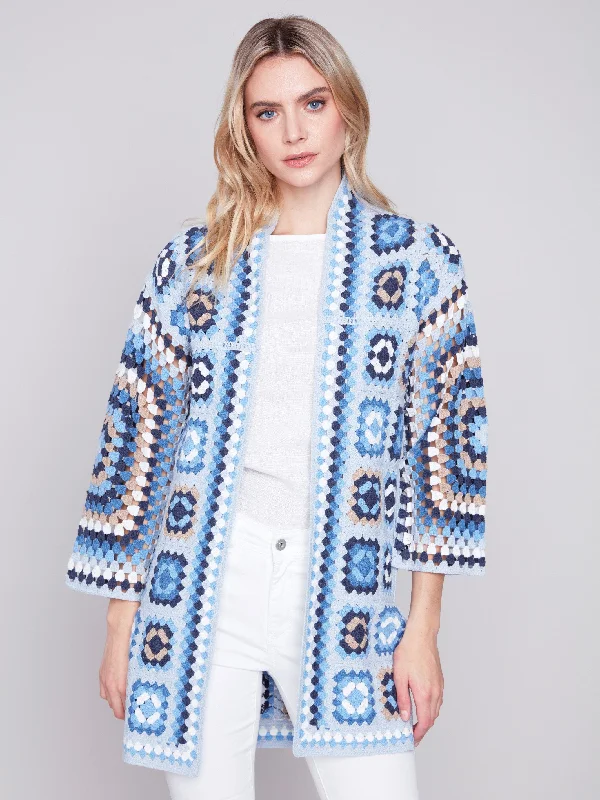 Long Color Block Crochet Cardigan - Denim