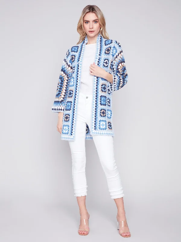 Long Color Block Crochet Cardigan - Denim