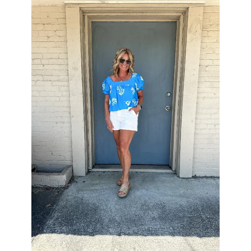 Maui Floral Print Top With Puff Sleeves - Azure