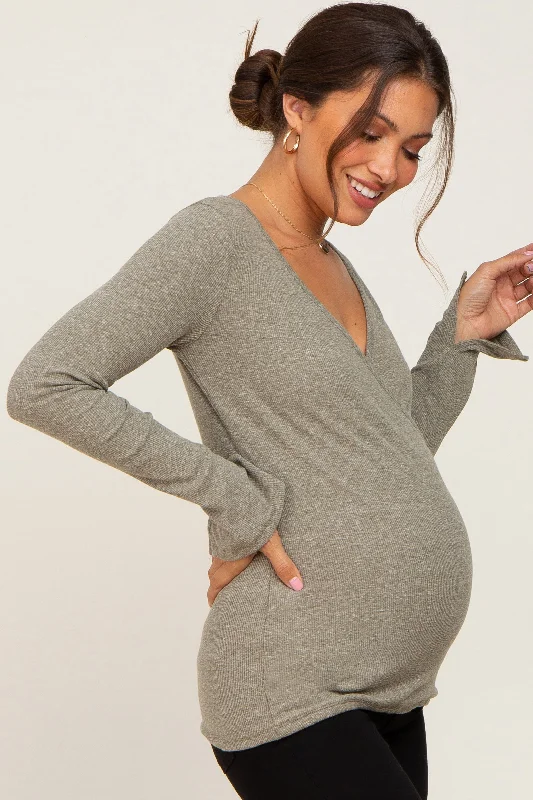 Olive Ribbed Long Sleeve Wrap Maternity Nursing Top