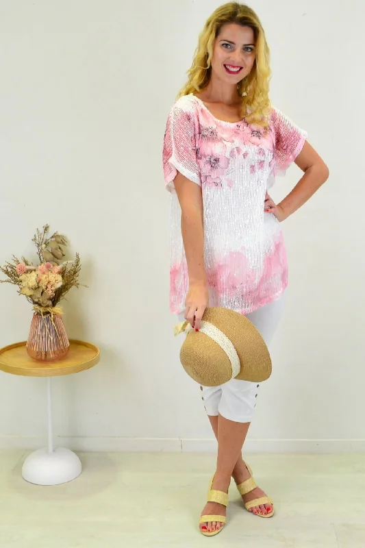 Pink Floral Net Tunic Top