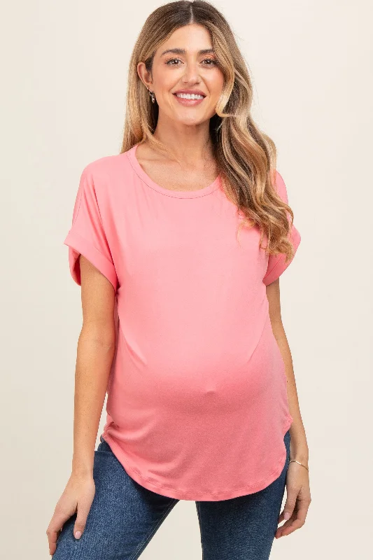 Pink Rolled Cuff Maternity Short Sleeve Top