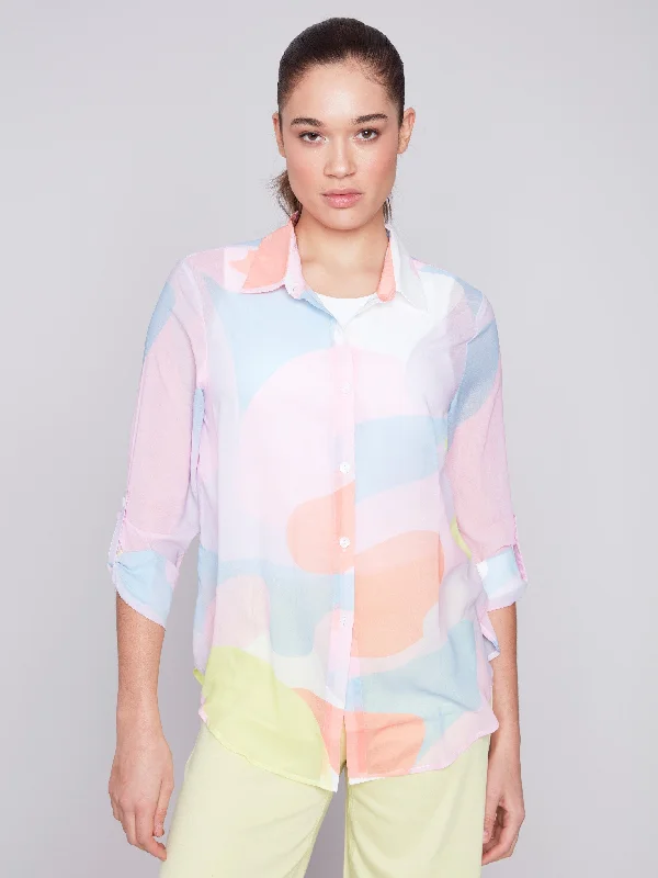 Printed Chiffon Button-Down Shirt - Graffiti