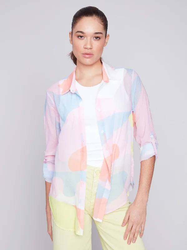 Printed Chiffon Button-Down Shirt - Graffiti