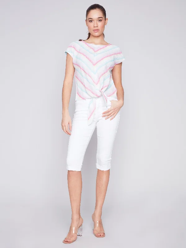 Printed Front Tie Linen Top - Lavender