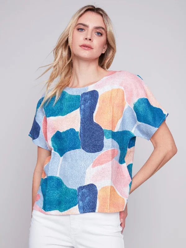 Printed Linen Dolman Top - Abstract