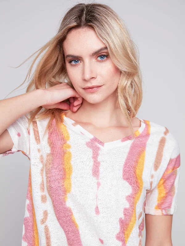 Printed Linen Top with Front Twist Knot - Natural