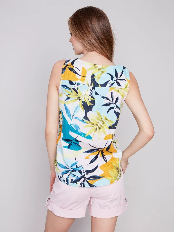 Printed Linen Top with Side Button - Resort