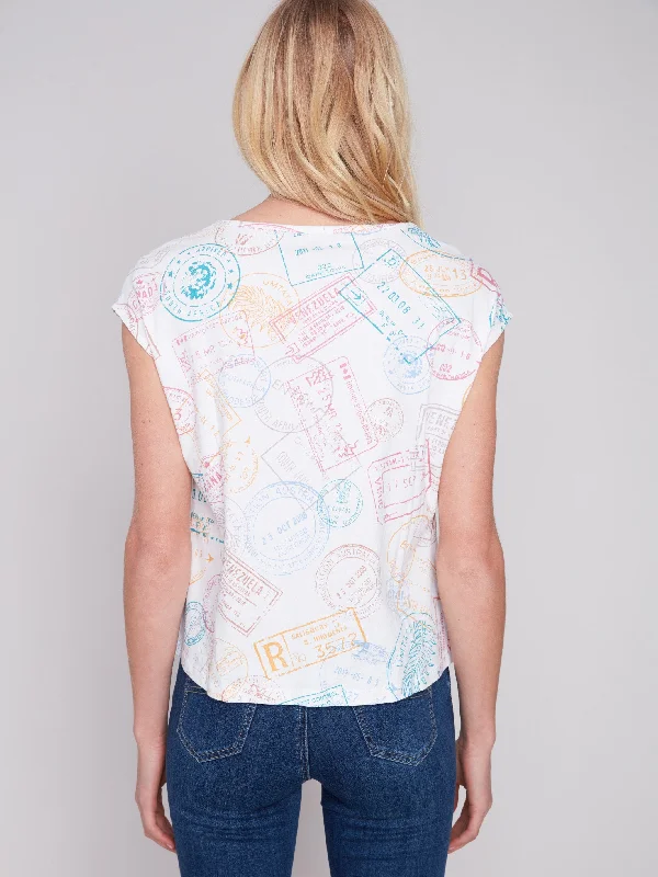 Printed Front Knot Top - Stamps