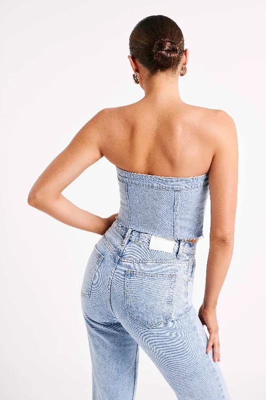 Sandy Buttoned Denim Tube Top - Mid Blue