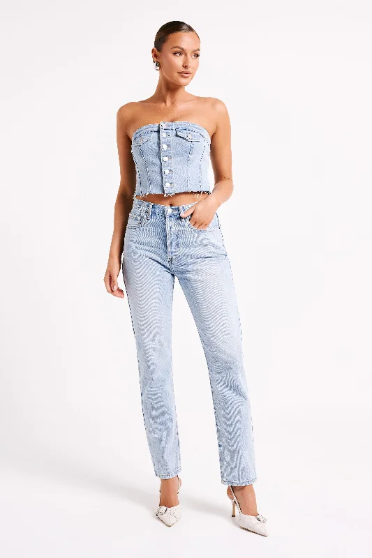 Sandy Buttoned Denim Tube Top - Mid Blue