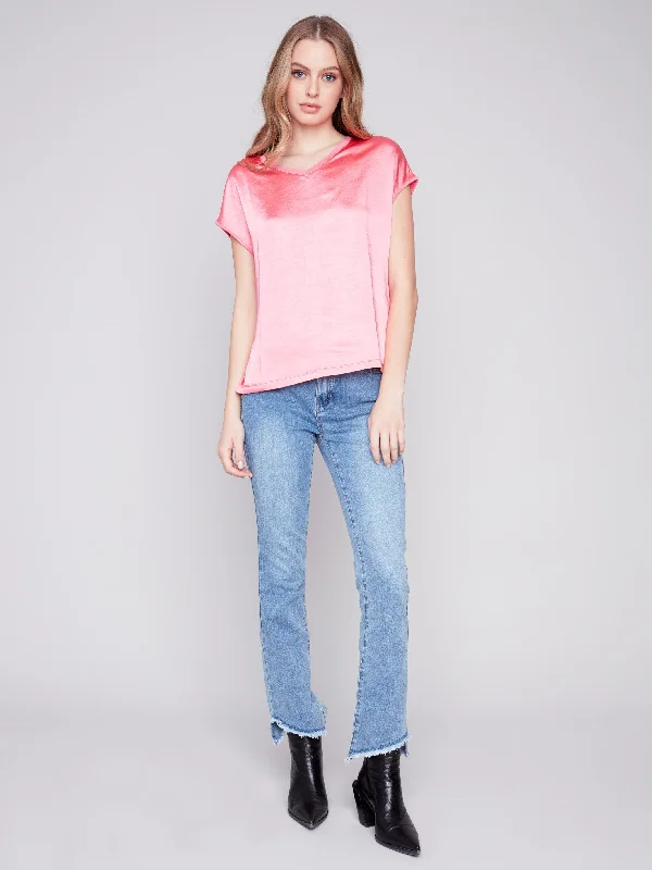 Satin V-Neck Knit Top - Flamingo