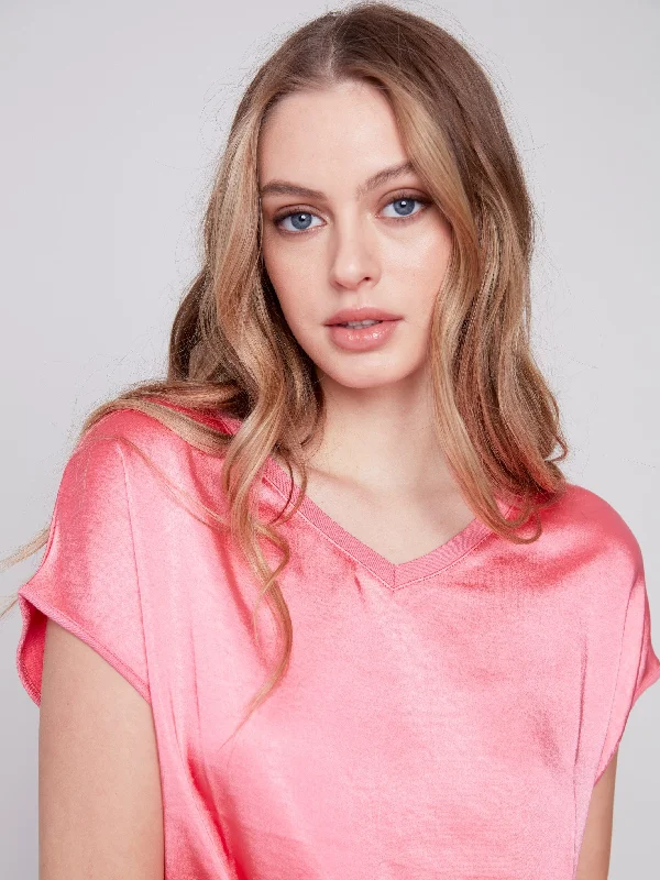 Satin V-Neck Knit Top - Flamingo