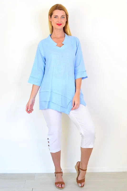 Sky Blue Linen Blend Tunic Top