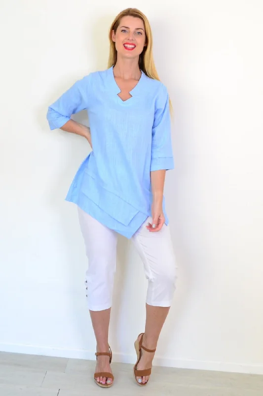 Sky Blue Linen Blend Tunic Top