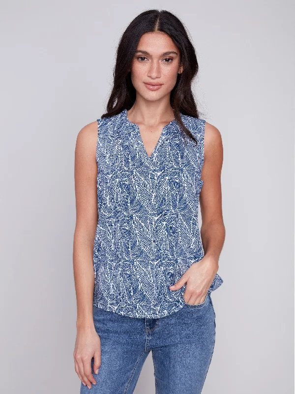 Sleeveless Printed Ruffle Neck Blouse - Petals