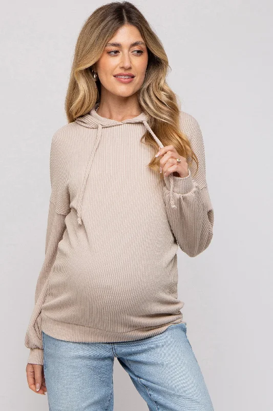 Taupe Ribbed Hooded Maternity Top