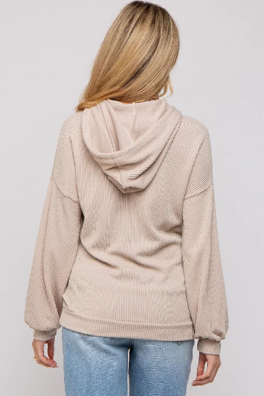 Taupe Ribbed Hooded Maternity Top