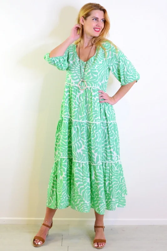 White Green Tiered Tunic Dress