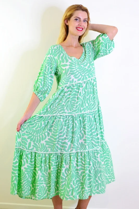 White Green Tiered Tunic Dress