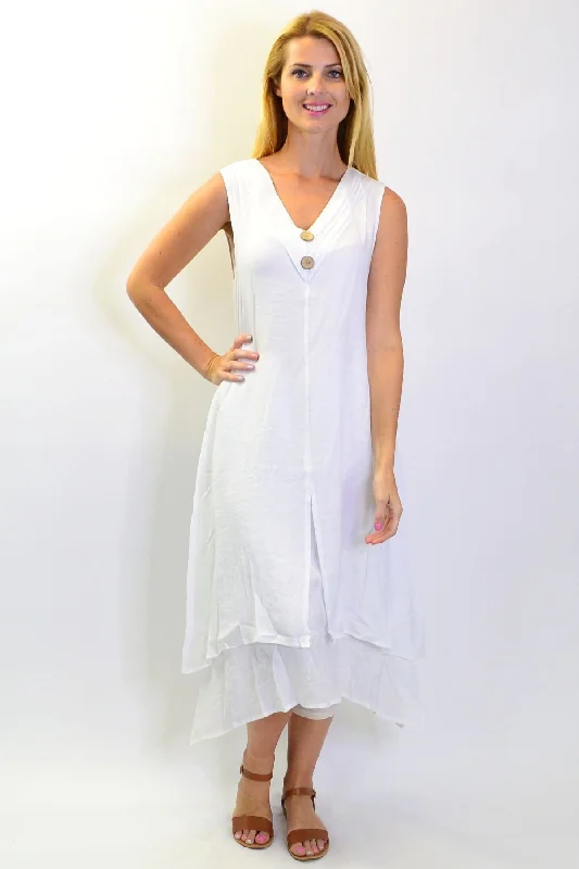 White Sleeveless Coconut Button Tunic Dress