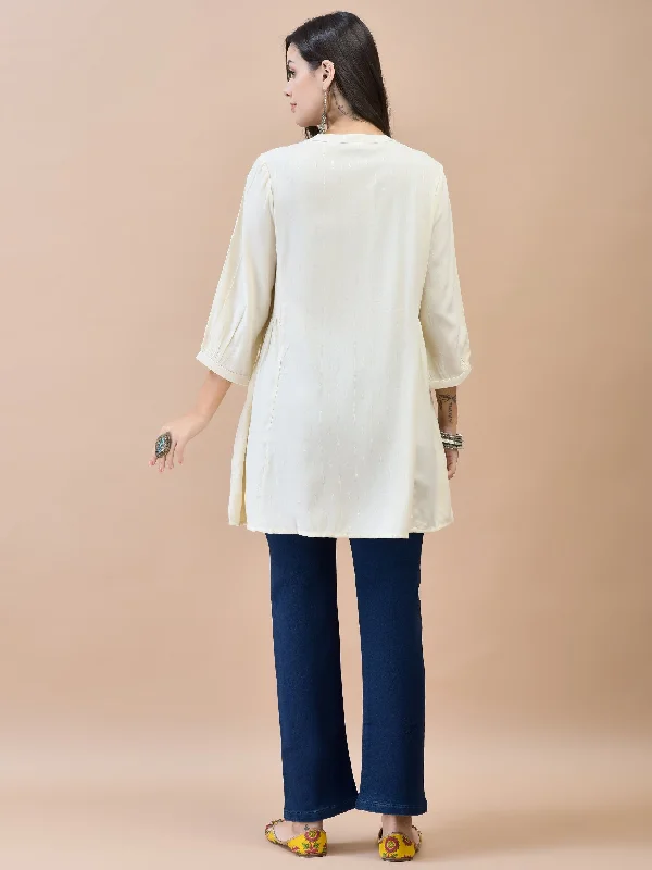 Women Liva (Rayon) Off White Embroidered Tunic