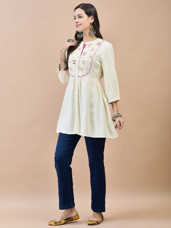 Women Liva (Rayon) Off White Embroidered Tunic