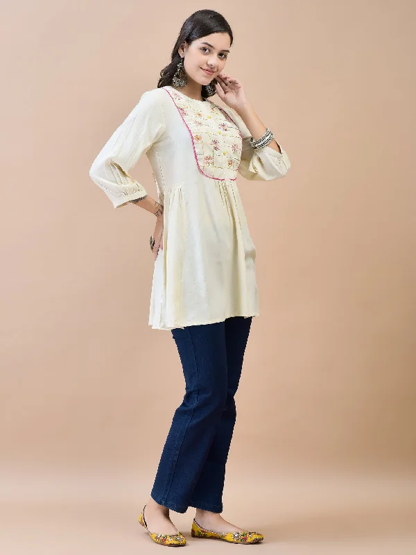 Women Liva (Rayon) Off White Embroidered Tunic