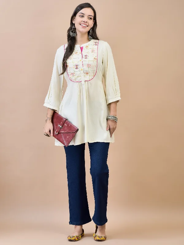 Women Liva (Rayon) Off White Embroidered Tunic