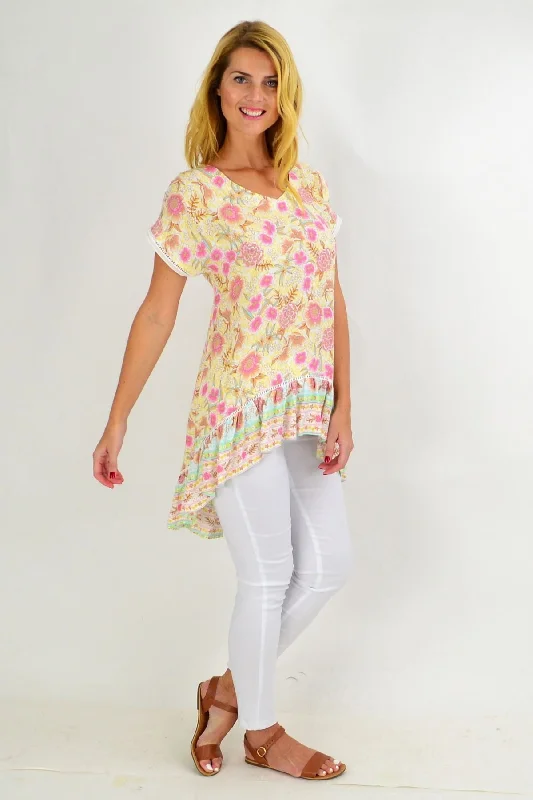 Yellow Pink Floral Hi Low Tunic Top